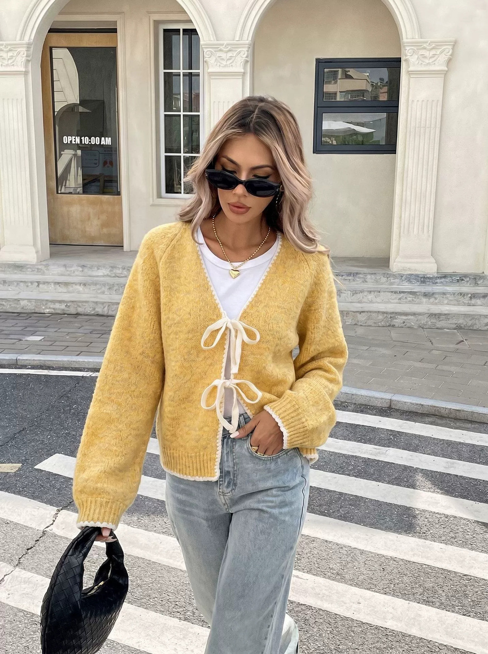 Zara Knitted Cardigan Casual Color Block with Bow Tie Loose Fit Autumn Winter